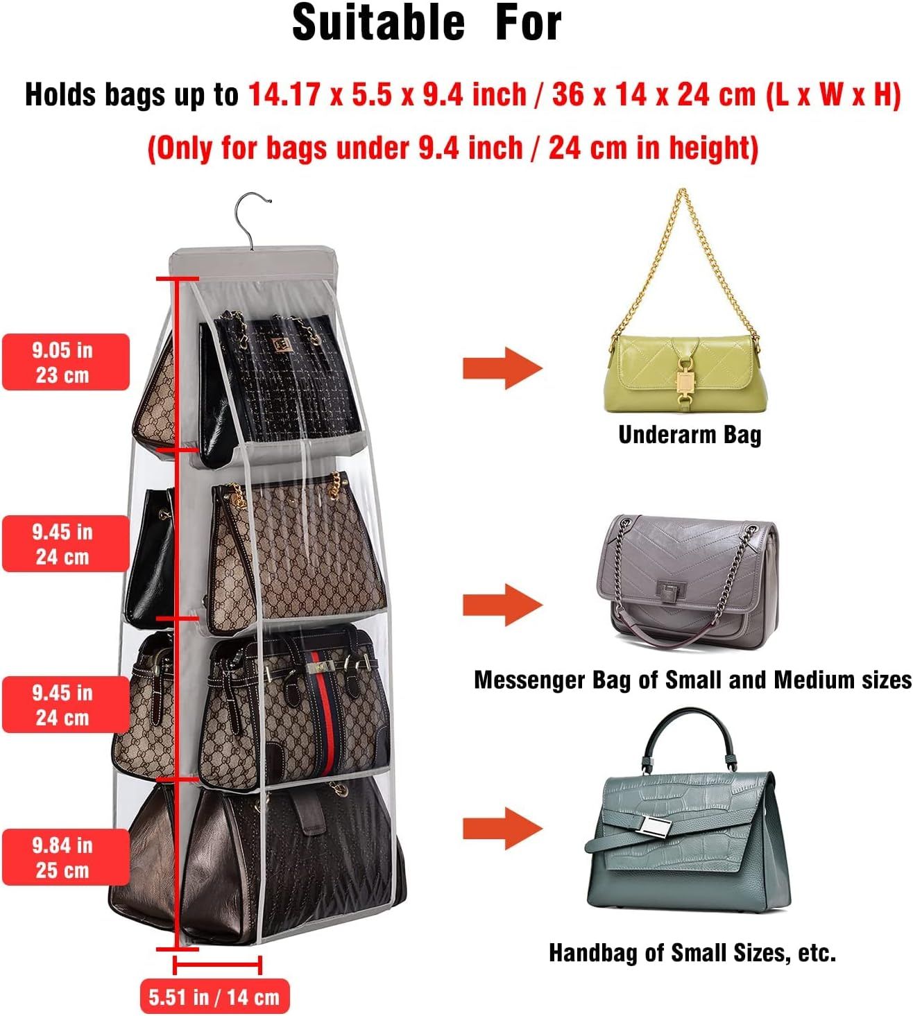 Handbag Hanging Purse Organizer for Closet, 8 Pocket Handbag Storage Organizer Hanger Oxford Cloth Closet Organizer for Family β image 3