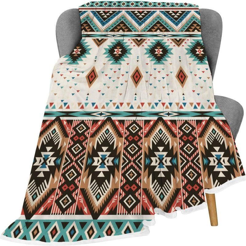 Boho Aztec Flannel Throw Blanket, Southwest Geometric Pattern for Sofa Bedroom Decor, White(130x150cm) โ image 2