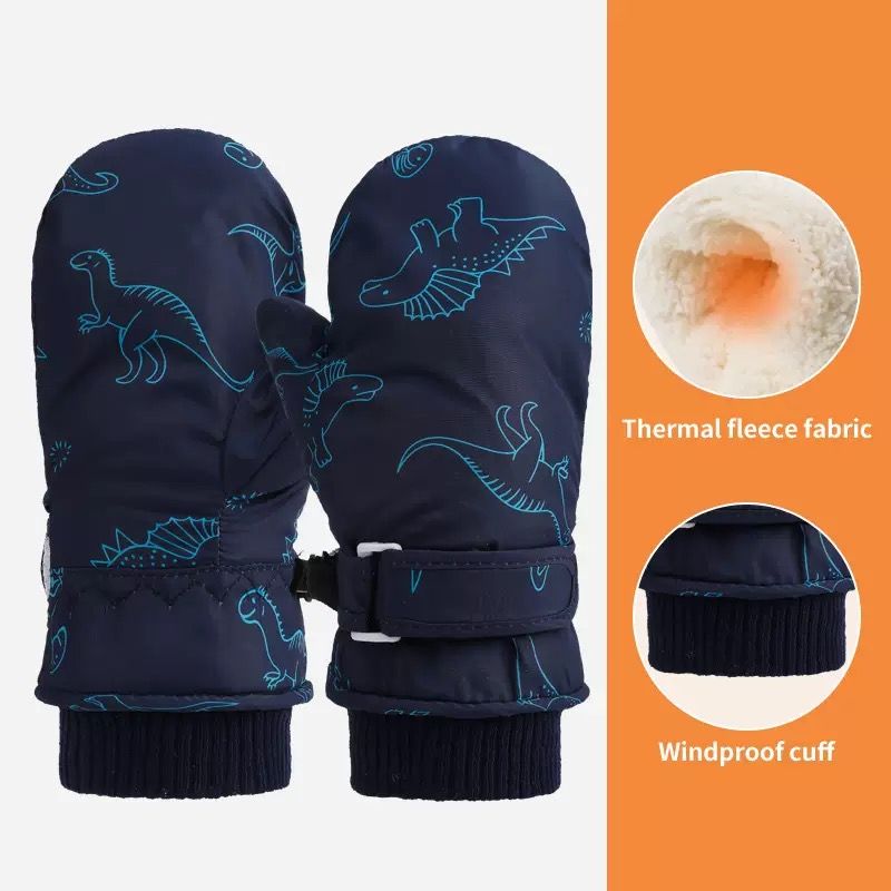 Kids' Dinosaur Patterned Warm Ski Mittens with Waterproof Shell, Adjustable Wrist Straps, and Anti-Loss Clip for Winter Outdoor Play, Snow, and Cold — image 3