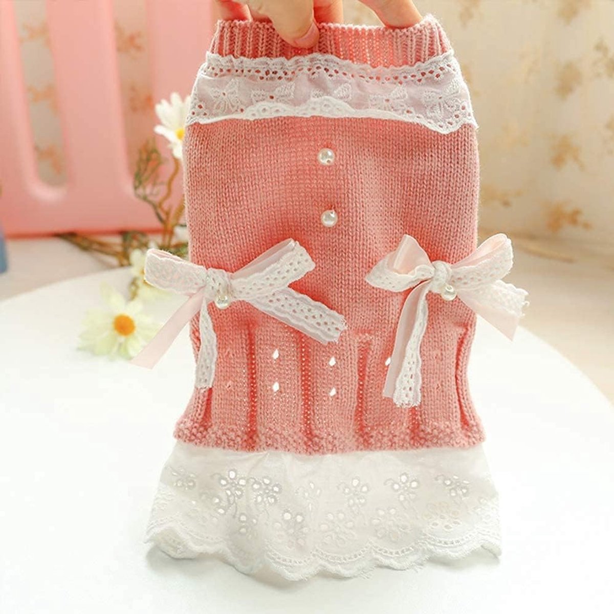 Dog Coat - Dog Sweater - Sweater Dress for Small Dogs - Female Dress with Bow - Pink and Blue Warm for Winter - Princess Lace - Birthdays โ image 5
