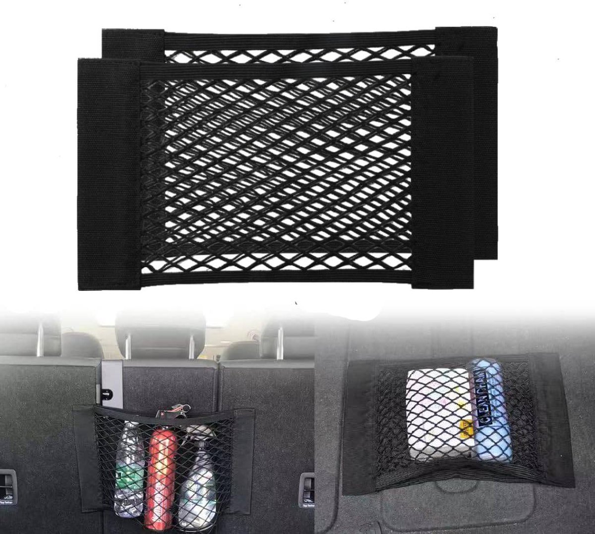 Car Trunk Storage Net (2-Pack) - Storage Bag 50*25cm - With Velcro - Car Seat Storage Net - Universal Net Bag for SUVs, Sedans and Trucks - Suitable for