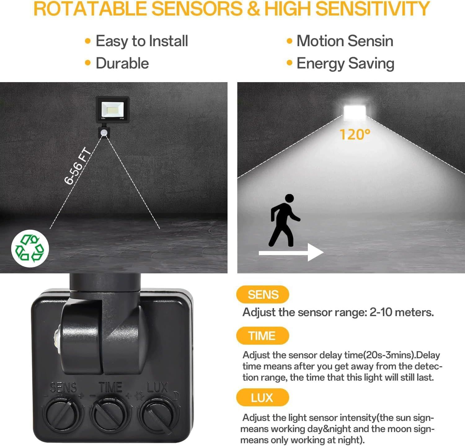 50W LED Floodlight with Motion Sensor IP66 Waterproof 5000LM 6500K Cool White — image 4