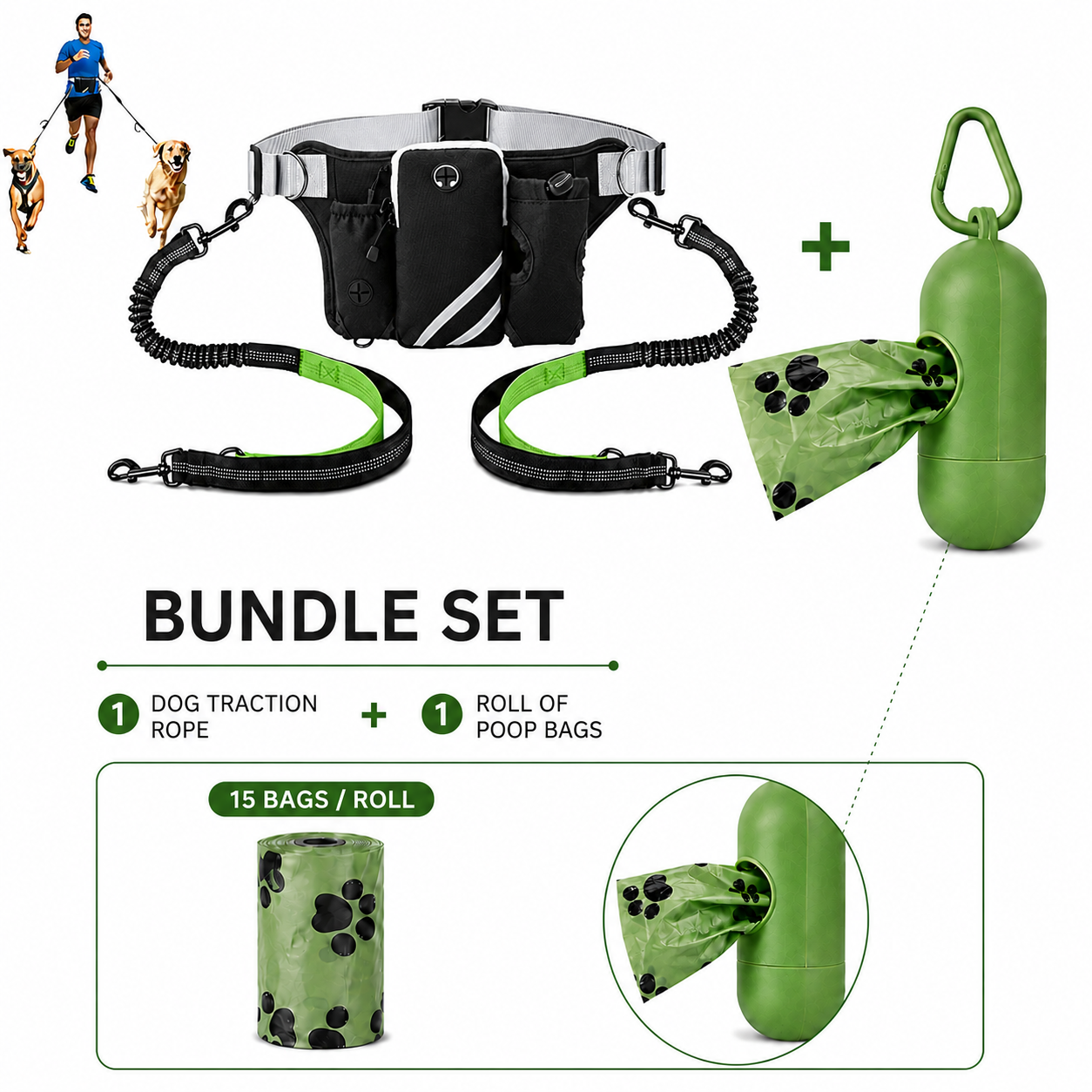 Hands Free Dog Leash Running Belt with Adjustable Bungee Lead(Fluorescent green), Multi Pocket Outdoor Waist Bag and Free Roll of 15 Poop Bags for Walking