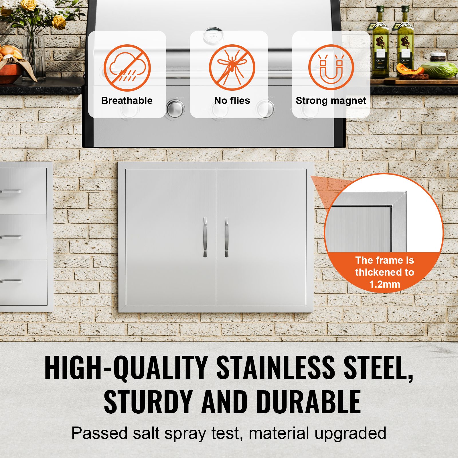 BBQ Access Door, 787 × 609 mm Double Outdoor Kitchen Door, Stainless Steel Flush Mount Door, Double Wall Vertical Door with Handles and Hooks, for BBQ Island — image 3