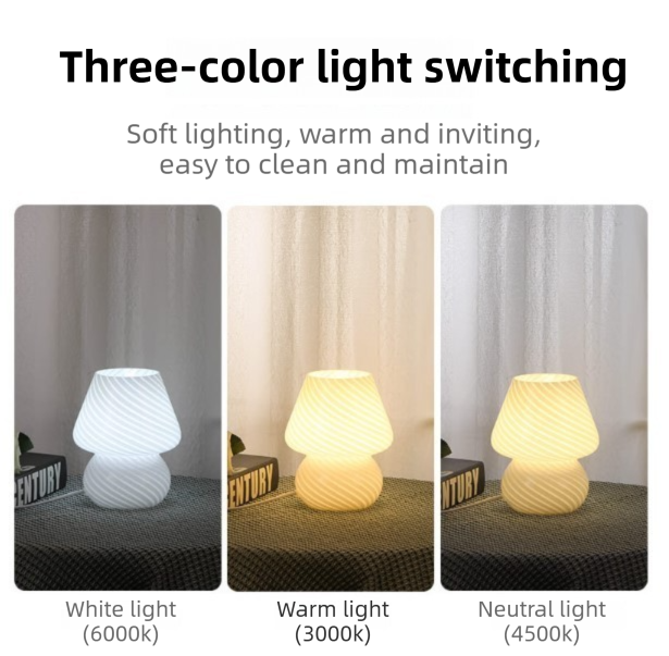 Green Striped Retro All Glass Mushroom Table Lamp - American Style Creative Bedside Nightstand Ambient Light, AU Plug with 3-Color Switching โ image 3