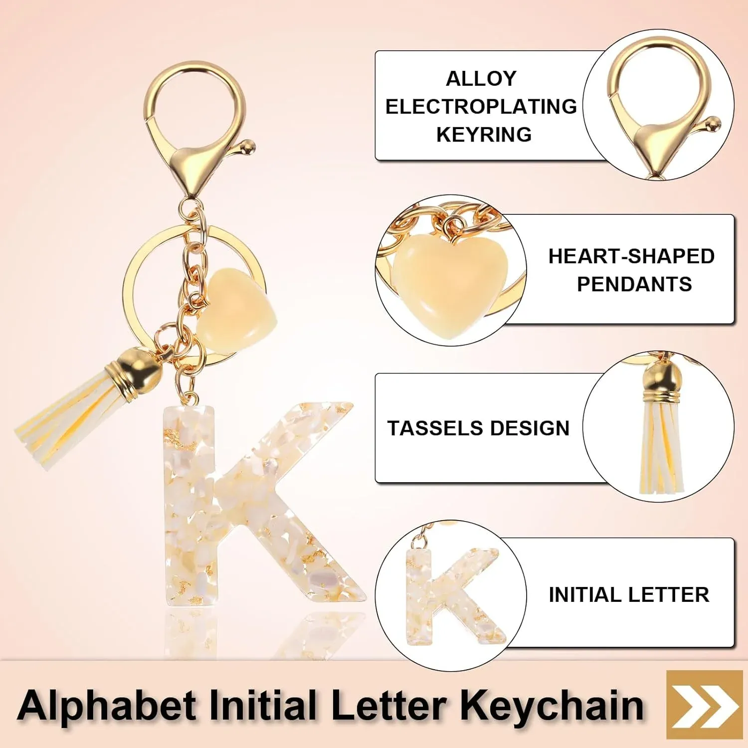 Letter K Keychain Charm with Tassel and Marbled Pendant for Bag Purse Keys, Cream Gold, Daily Comfort Use, for Men Women and Everyday Wear โ image 3