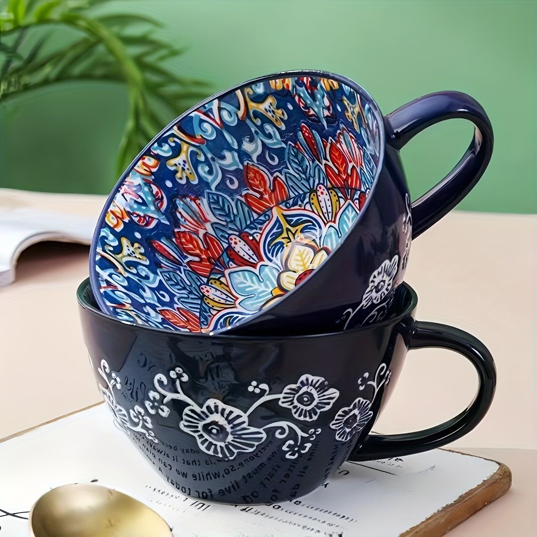 Bohemian Ceramic Cups Vibrant Floral Drinkware Hand-Painted Coffee Cups Unique - Jadeite plume - Size 400ml โ image 4