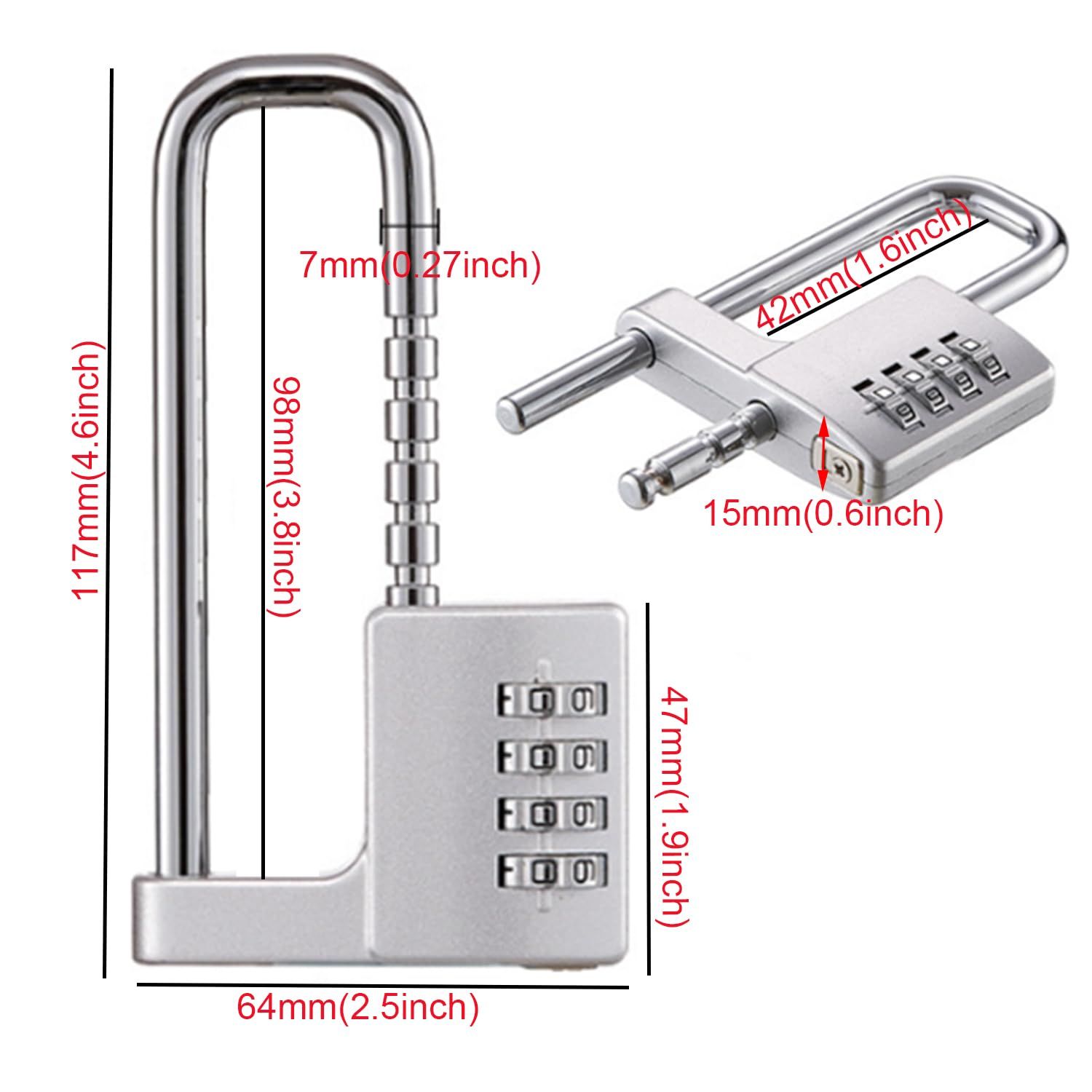 Cabinet Lock,Combination Padlock,U Shaped Padlock,Stainless Steel Gym Locker Lock Code Long Adjustable Shackle Lock (Silver) â image 2