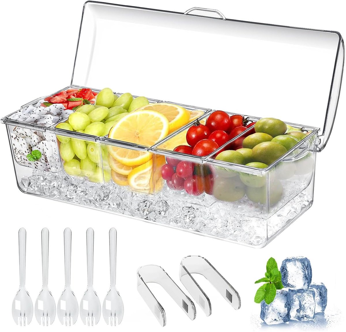 Large ice-cooled condiment holder - Chilled condiment holders - with lids for 5 removable compartments (2.5 cups) - Serving bowls, fruit and garnish