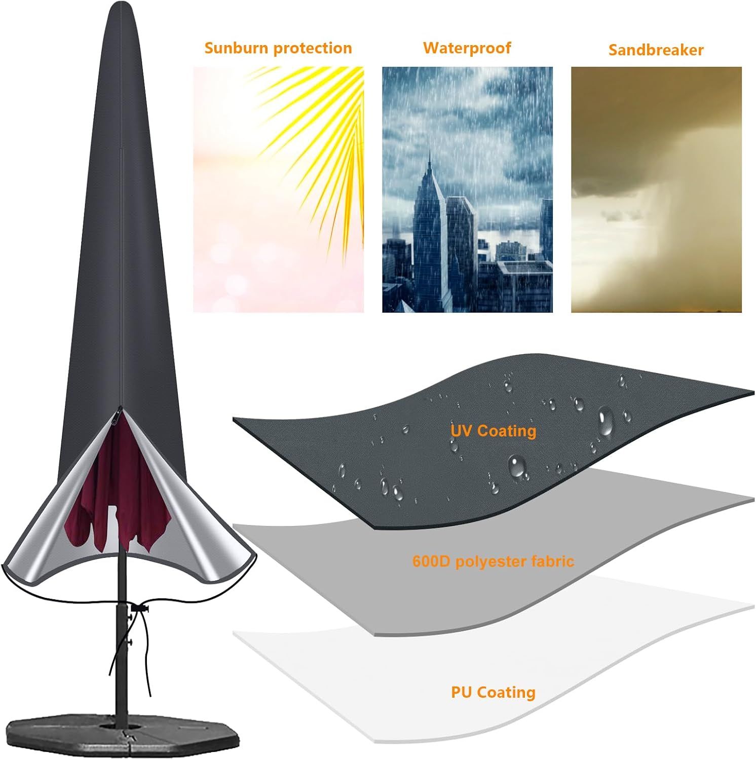 Waterproof 600D Parasol Cover with Zipper, Drawstring and Storage Pouch for Cantilever and Standing Parasols, Black, 190 × 50 × 30 cm — image 2