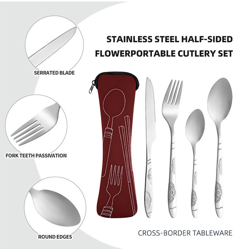 Stainless Steel Portable Cutlery Set, 5‑Pcs Steak Knife Fork Spoon Teaspoon with Storage Pouch, Floral Embossed Outdoor Travel Camping Reusable Flatware Set — image 2