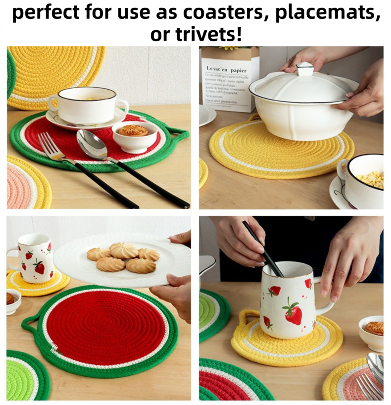 3-Piece Grapefruit Inspired Kitchen Heat Resistant Set with 18cm & 30cm Round Cotton Rope Woven Trivets + 1 Pair Duckbill Oven Mitt - Foldable Table Protection — image 6