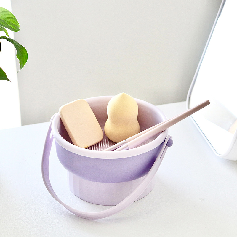 Makeup Brush Cleaning Mat, 3 In 1 Silicone Makeup Brush Cleaner Bowl with Brush Drying Holder, Makeup Brush Scrubber(Purple)