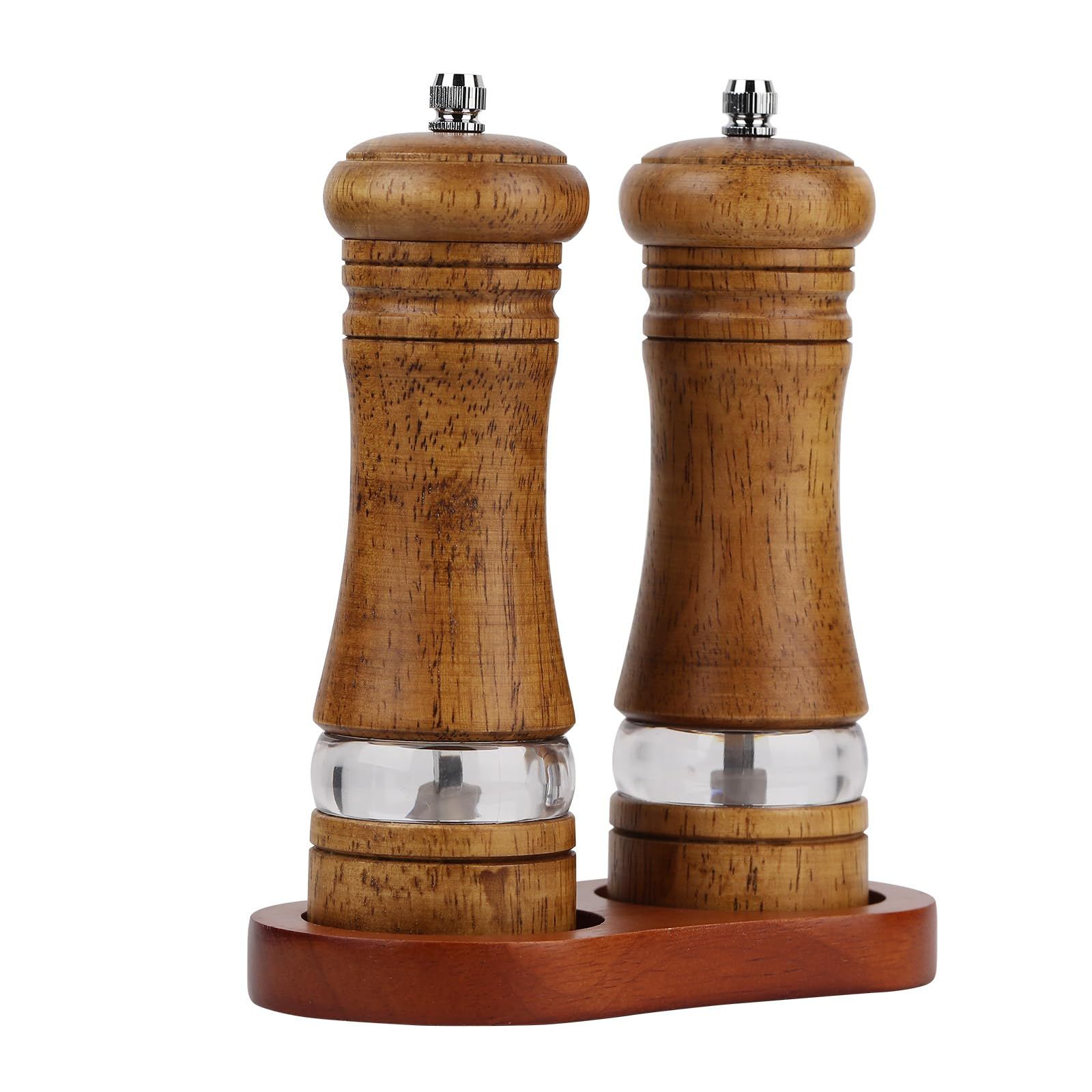 Salt and Pepper Grinder Set, 2Pcs Oak Pepper Grinder with Stand 6 Inches Adjustable Ceramic Grinder Wooden Pepper Mill Salt Grinder Kit Manual Mills(vintage
