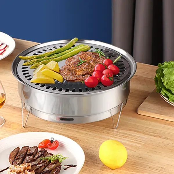1 Piece Portable Korean BBQ Grill, Stainless Steel Round Grill with Maifan Stone Plate for Camping and Picnics — image 5