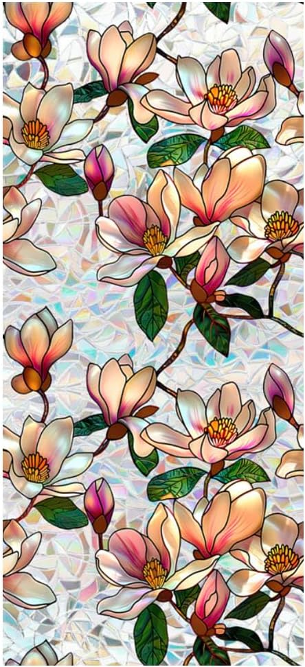 Retro Magnolia Flowers Window Privacy Film,Stained Glass Decals Colorful Floral Privacy Rainbow Decals Living Room Sun Blocking Decor Removable Static Cling