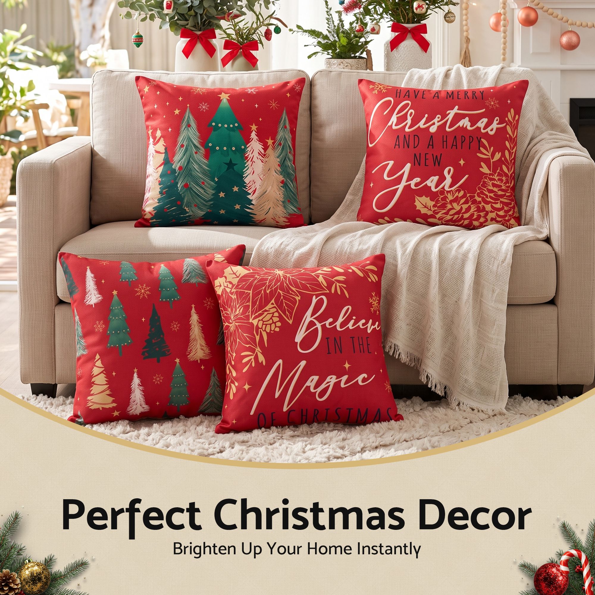 Jingle Jollys Christmas Cushion Covers Set of 4 Pillow Covers 45x45cm with 4 Cute Patterns Red — image 6