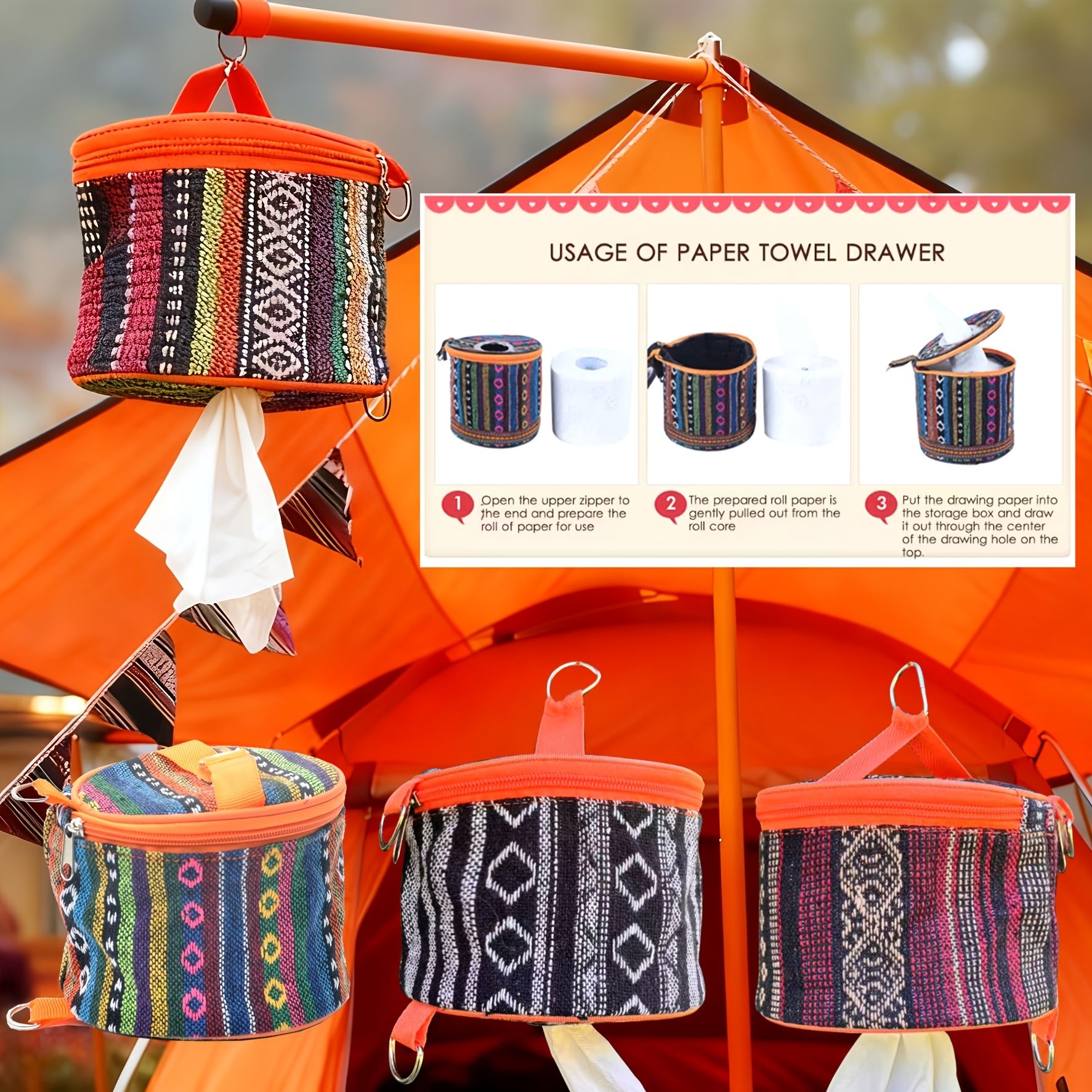 Bohemian Striped Portable Napkin & Tissue Holder, Foldable Roll Dispenser for Camping, Car, Picnic & Home Organization Type C — image 4