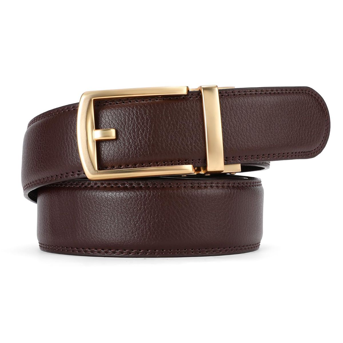 Ratchet Belt for Men Genuine Leather - Micro-Adjust Buckle Trim to Fit Dress Belt Casual to Formal Gift Boxed - Basic Gold - Brown - Size 34"-42" — image 2
