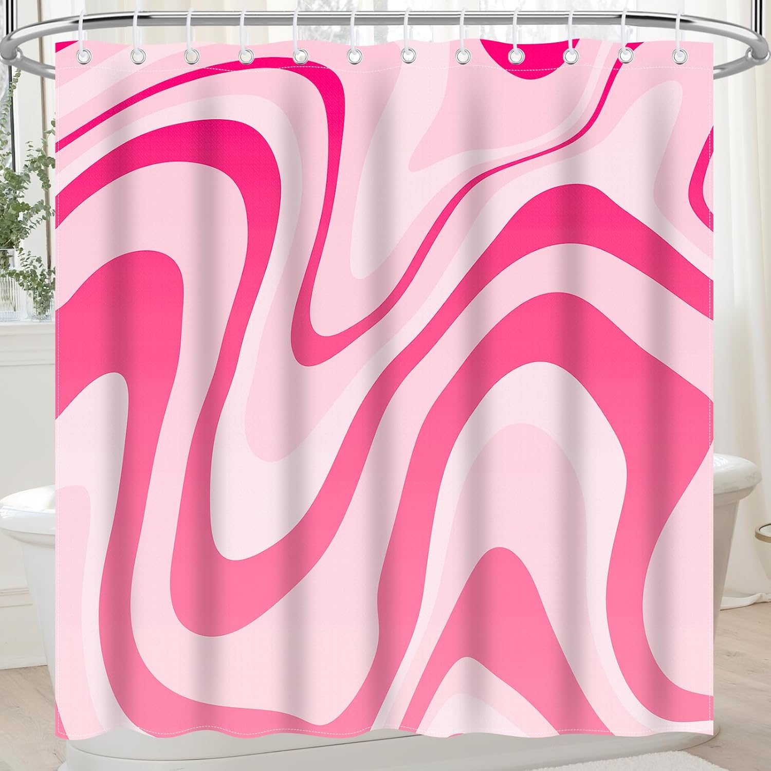 Pink Shower Curtain for Bathroom Cute Wavy Swirl 70S Abstract Retro Vintage Preppy Aesthetic Fabric Waterproof Bathroom Shower Curtains Set with Hooks 72x72
