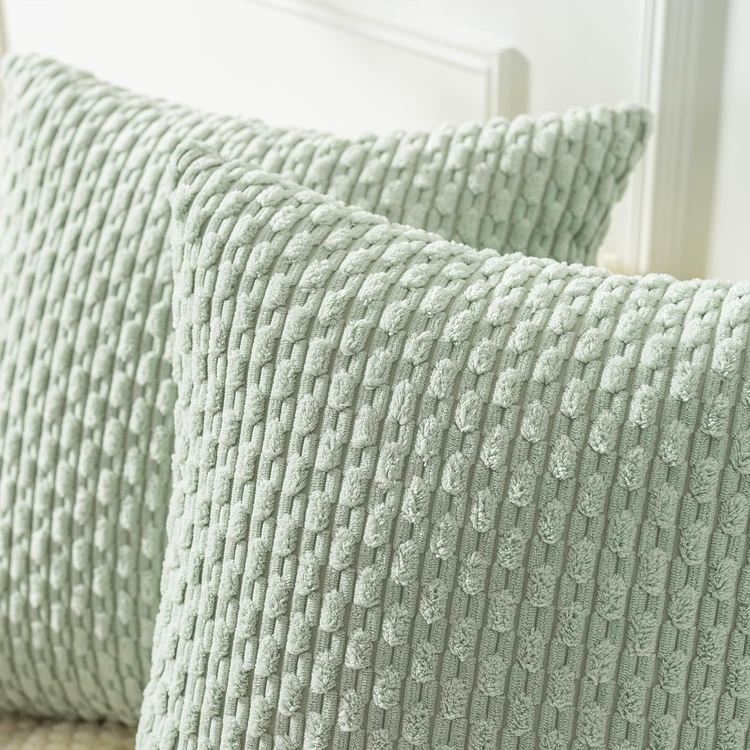 2 Pack Striped Velvet Corduroy Pillow Covers, Decorative Throw Cushion Cases for Couch, Sofa and Bed, 22 x 22-Inch, Light Green โ image 3
