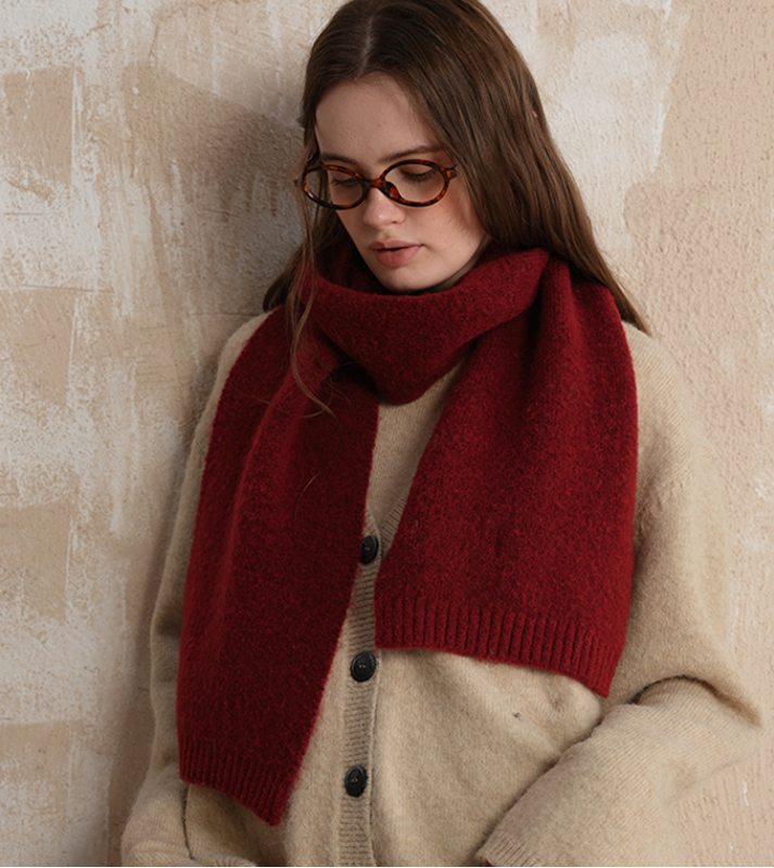 Red Soft Wool Blend Knitted Scarf Women Men Winter Pure Color Neck Wrap (157x22cm) โ image 2