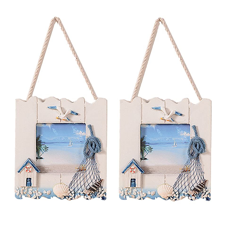 2 Pcs Wooden Beach Picture Frame Seaside Vacational Frames Nautical Photo Frame Standing and Wall Picture Frames Ocean