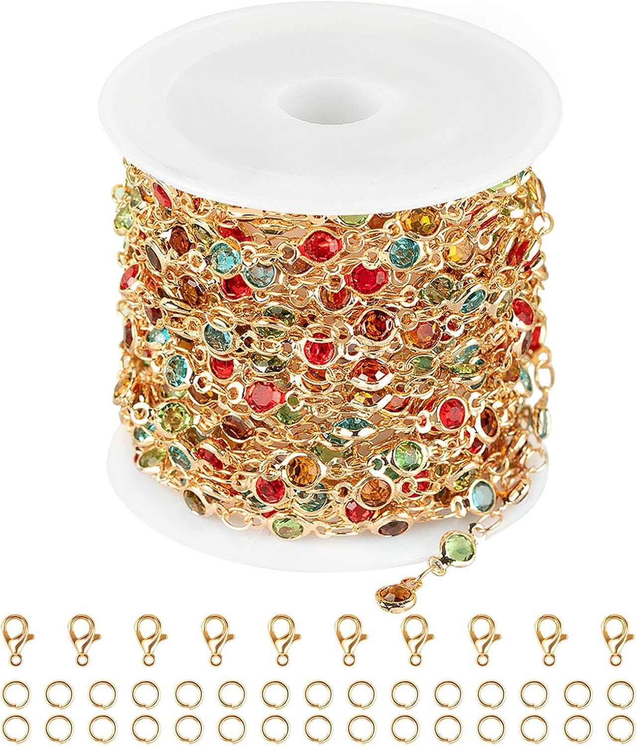 16.4 Feet/5M Gold Necklace Chains for Jewelry Making Colorful Rhinestone Beaded Chain Bulk Brass Chains Roll with Jump Rings Lobster Clasps for Jewelry Craft