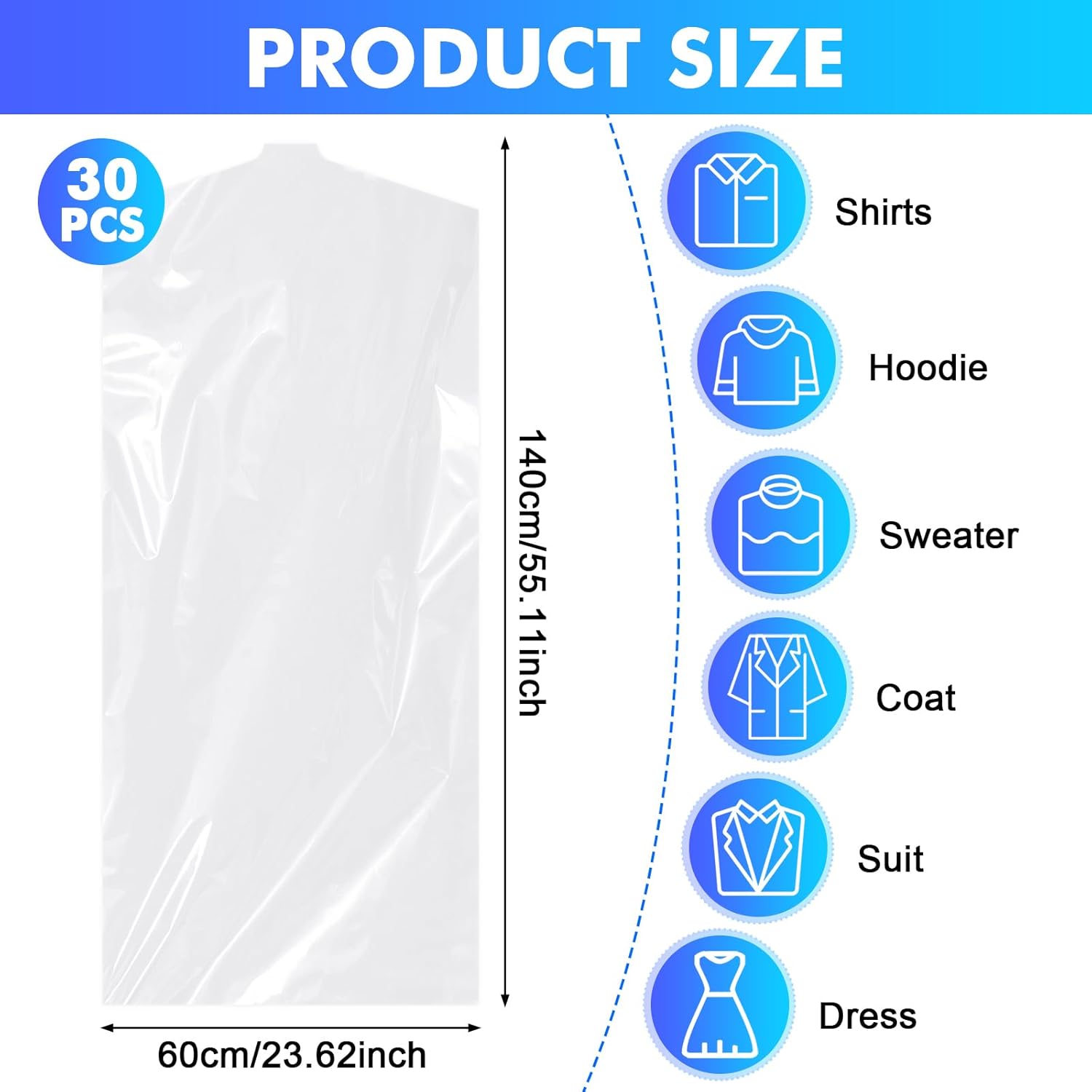 30 Pack Clear Garment Bags, 23.6 × 59.1 Inch Plastic Garment Bags Dustproof, Long Clothes Covers, Waterproof Suit Cover Bag, Moth Proof Coat Bag for Shirts — image 4