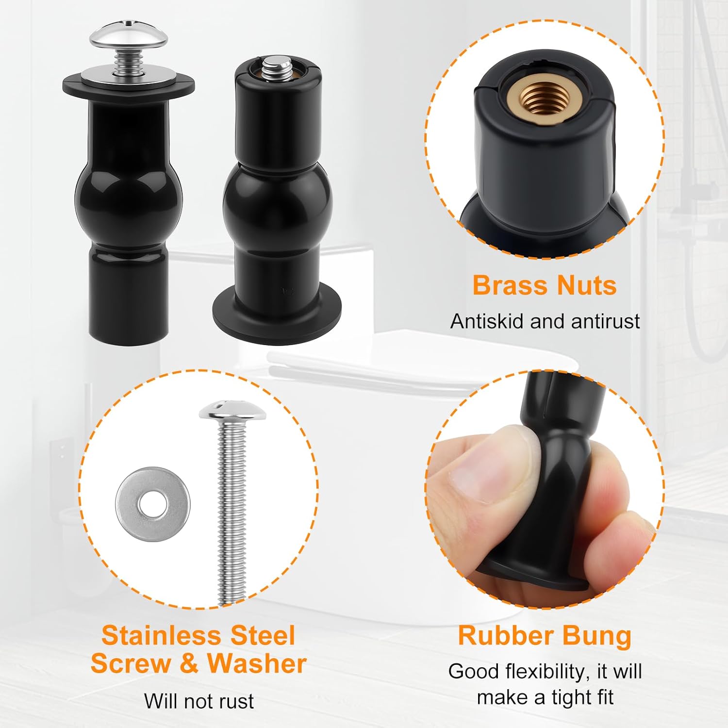 2 Pack Toilet Hinge Bolts, Universal Rubber Expansion Seat Cover Screws for Top Mounting Toilet Seat Hinges (for 14-16mm hole toilet seats) — image 2