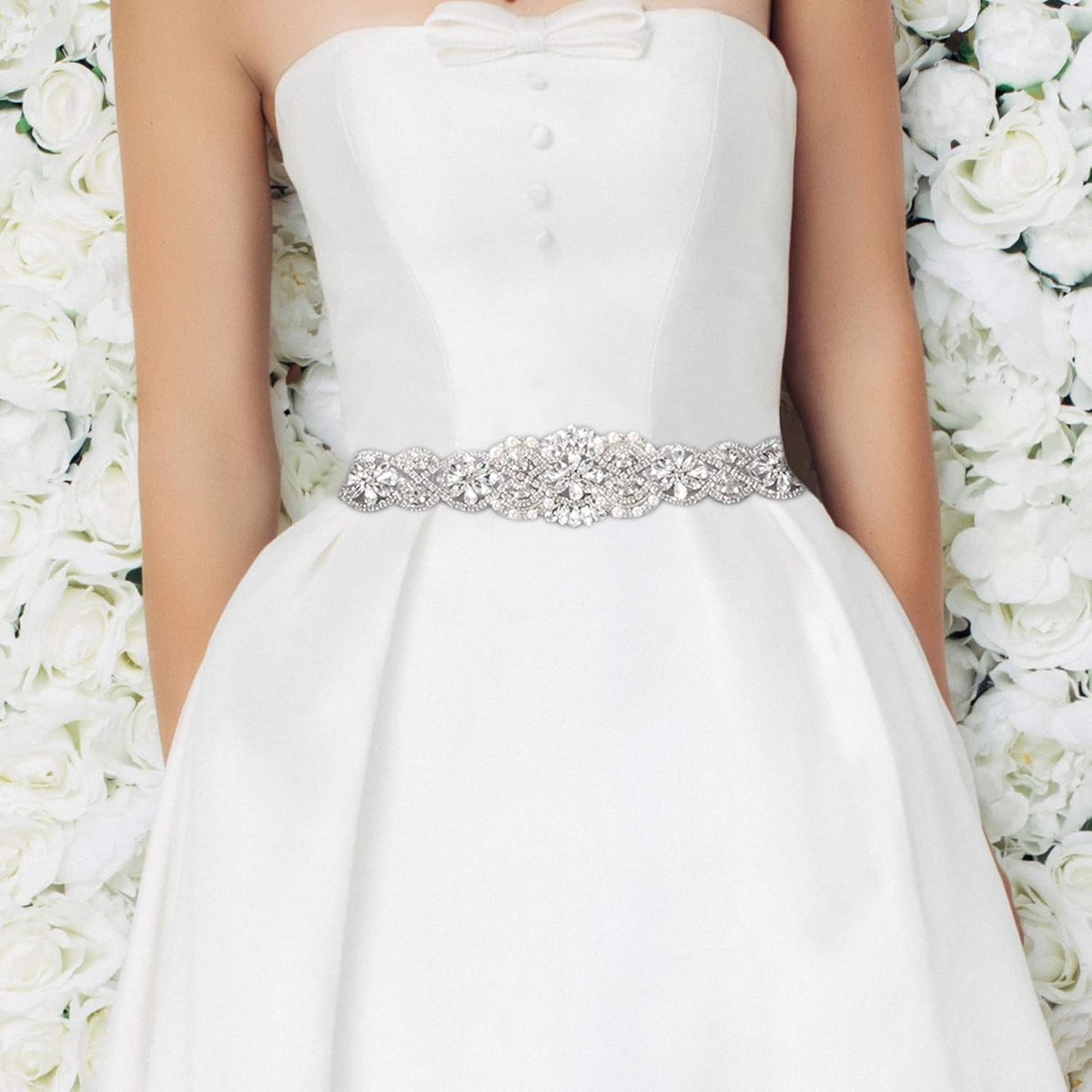 Bridal Belt Hand Rhinestone Wedding Belt Clear Crystal 55cm Long White Organza Ribbon for Wedding Dresses - Silver — image 3