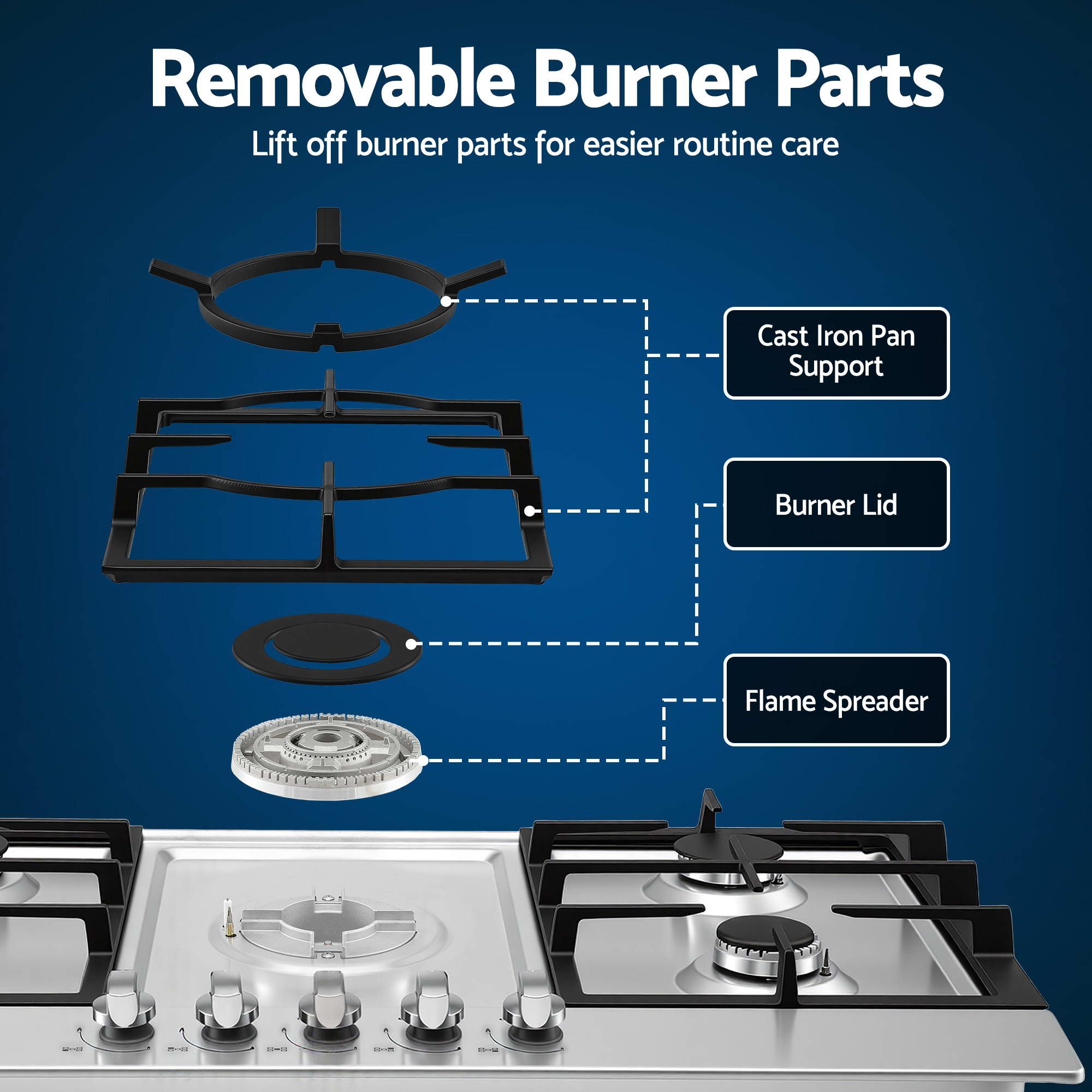 Devanti 90cm Gas Cooktop 5 Burner LPG NG Stainless Steel Hob Silver โ image 5