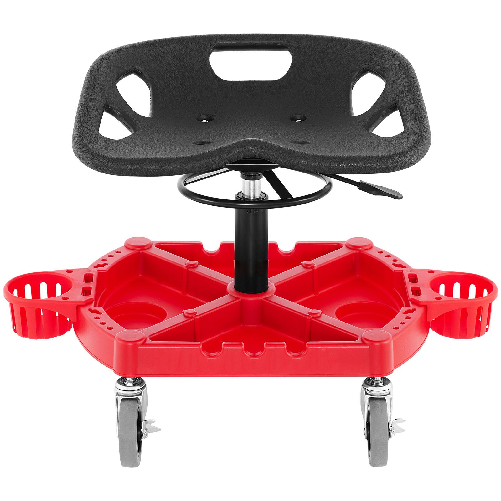 Rolling Garage Stool, 300LBS Capacity, Adjustable Height from 18 in to 23 in, 360-degree Swivel Wheels (4/"), Large Tool Tray with Two Bottle Holder, for