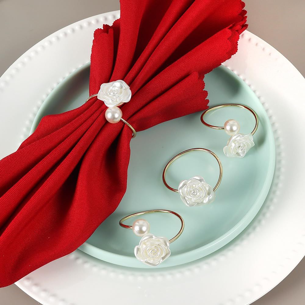 Pearl Flower Napkin Rings Set of 6, Flowers Dinning Table Setting Rustic Dinner Tables Decoration for Wedding Receptions,Christmas — image 3