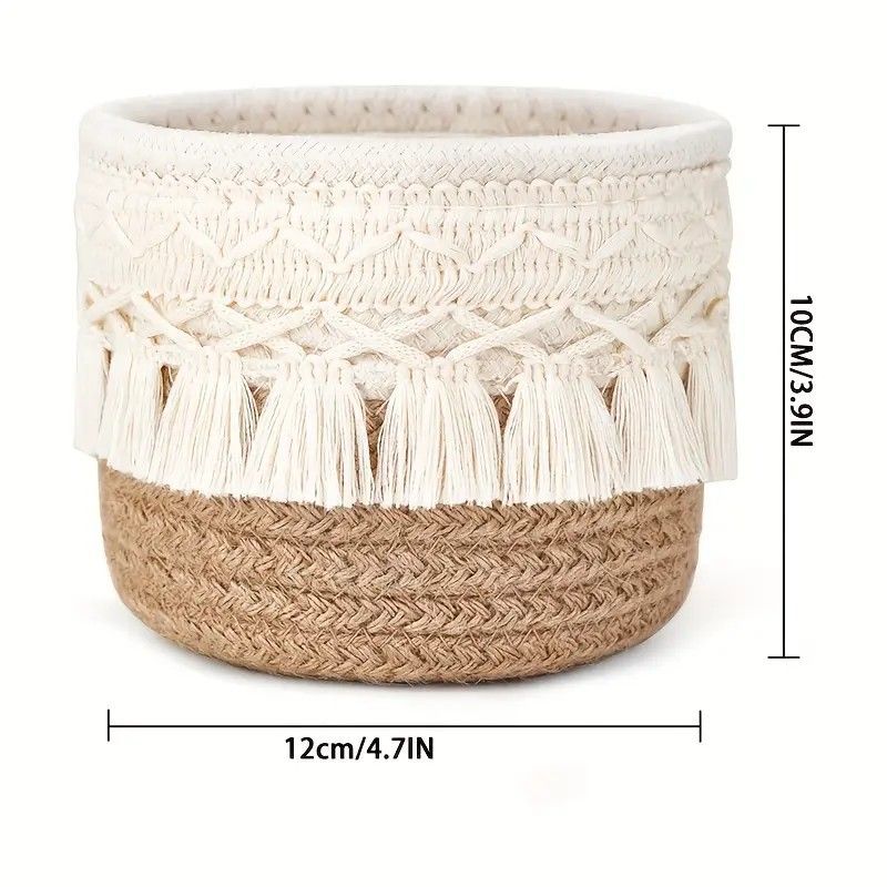 Khaki Boho Cotton Rope Tassel Storage Baskets – Set of 2 Round Woven Organizers for Makeup Brushes & Desktop Essentials (12cm Diameter) — image 2