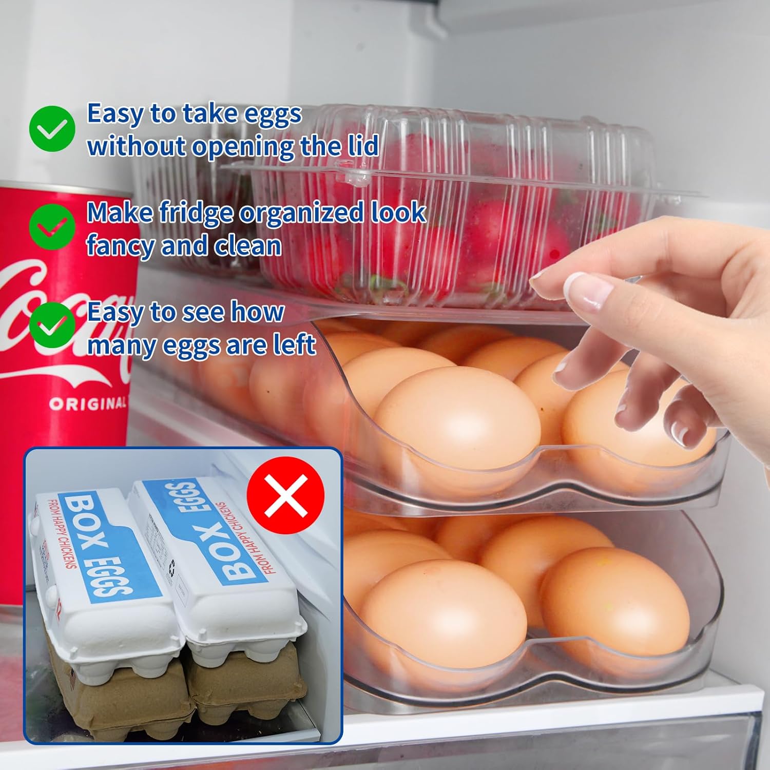 Egg Holder for Fridge, Automatic Rolling Egg Organizer for Refrigerator, Clear Plastic Egg Container & Tray, Stackable Dispenser and Storage Bin with Sturdy — image 3