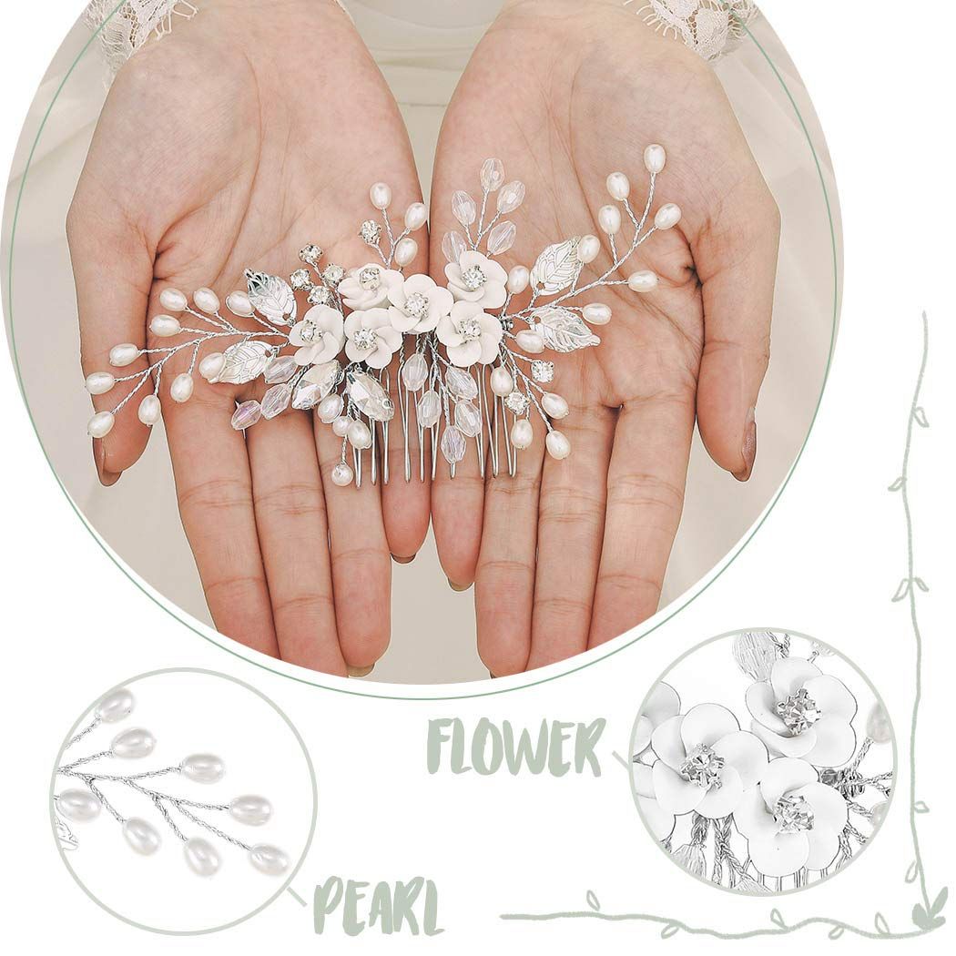 Flower Bride Wedding Hair Comb Leaf Bridal Headpiece Pearl Hair Accessories Crystal Hair Piece Jewelry for Women and Girls — image 5