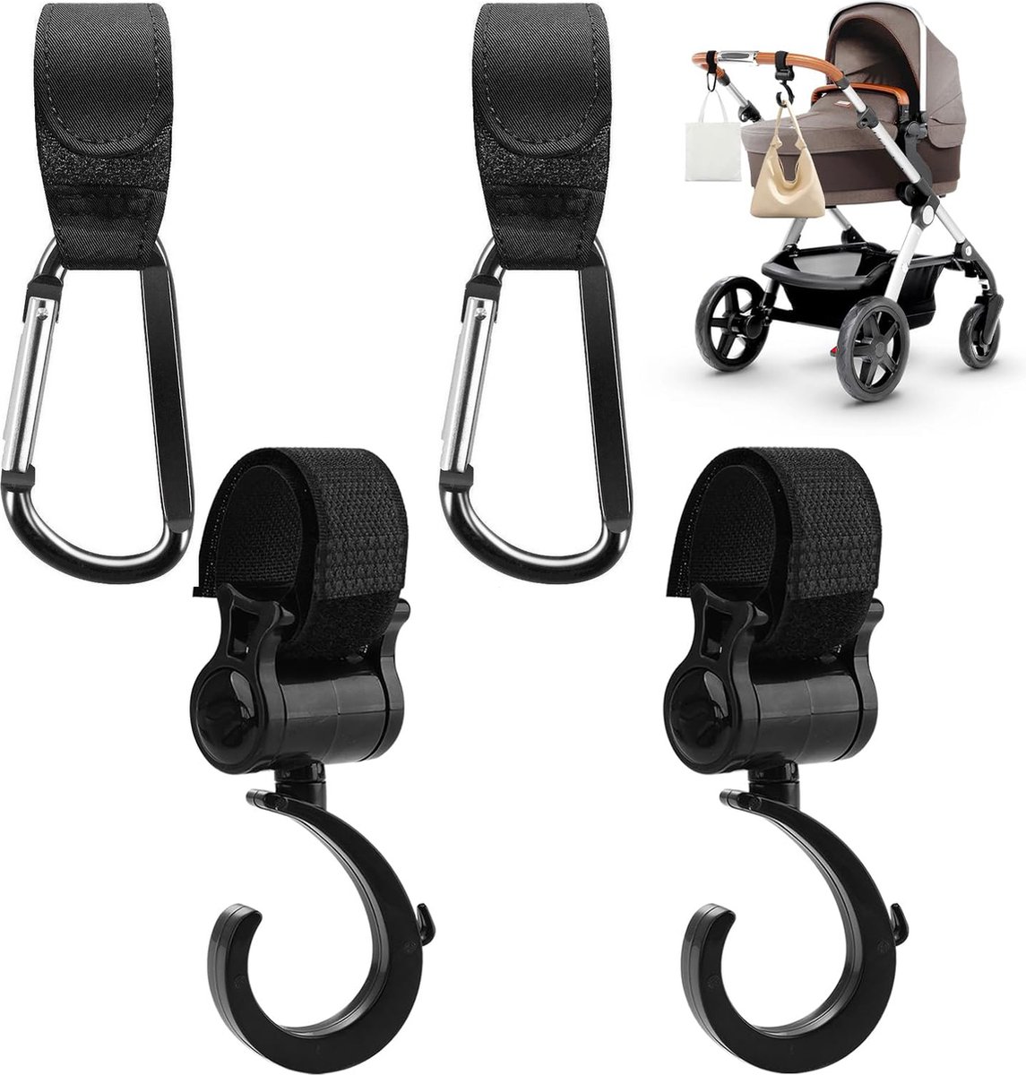 4 Stroller Bag Hooks - Bag Hook - Stroller Straps - Buggy Hook - Stroller Hooks - Multifunctional Velcro Hook - Large - Stroller Bag Hooks - Shopping Hook