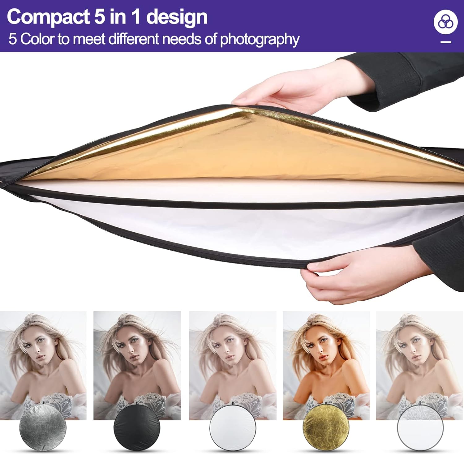 60 × 90 cm Light Reflectors 5-in-1 Photo Foldable Photo Reflector Large Oval Portable Foldable Light Reflector, with Carrying Bag — image 3