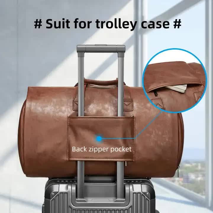 Brown PU Leather Travel Duffel Bag - Large Capacity Waterproof Suit Bag with Shoe Compartment โ image 3