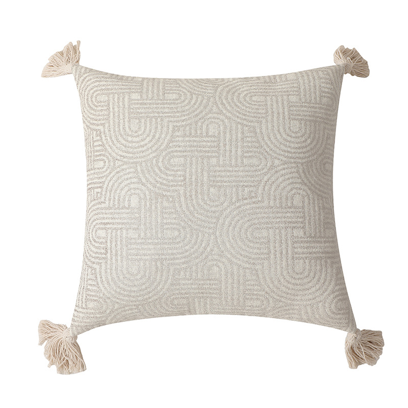 Beige Chic Geometric Jacquard Cushion Covers with Tassels - Set of 2, Plush Blend for Sofa & Bed Decor (45x45cm, Insert Not Included) โ image 4