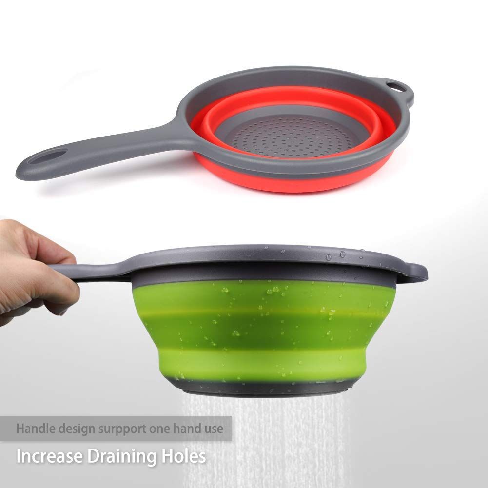 2 Pack Kitchen Foldable Silicone Strainer, Collapsible with Handles, Space-Saver Folding Strainer, (Green and Red) β image 2