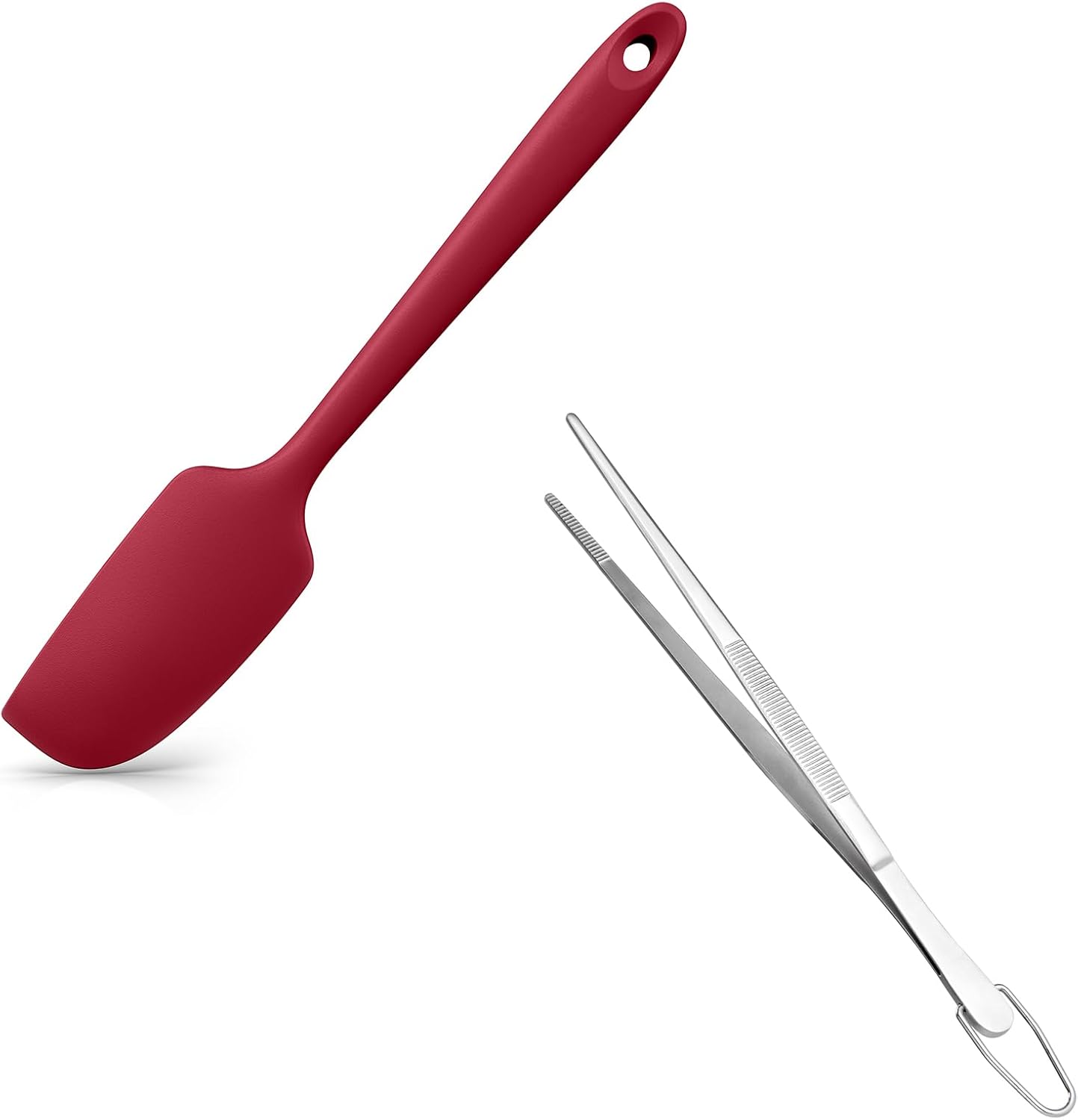 Small Mini Silicone Spatula: 9×2inch 600ºF Heat-Resistant Food-Grade Jar Scraper (Red) and 8in Kitchen Plating Tweezer: 18/8 Stainless Steel Food-Grade Metal