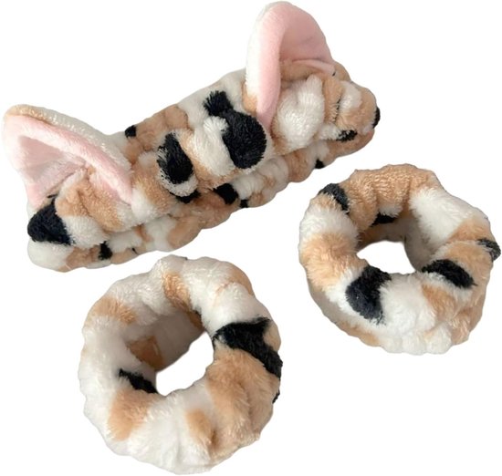 Headbands - 3-Piece Set - Wristbands - Cute Cat Headbands and Wristbands - Designed for Women - Face Cleanser and Makeup for Girls - Plush Hair Ties and