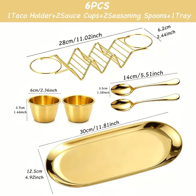 6-Piece Luxury Stainless Steel Burrito Serving Set – Polished mirror finish, complete with burrito holder, serving tray, and sauce cups. (Gold) — image 6