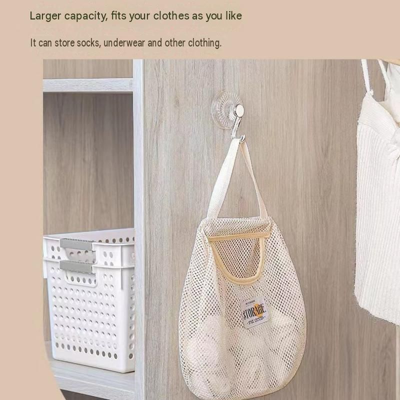 2 pcs Beige Hanging Mesh Storage Bag - Breathable Canvas Organizer for Socks and Underwear - Space Saving Wall Mount Design, Washable and Durable for Wardrobe — image 6