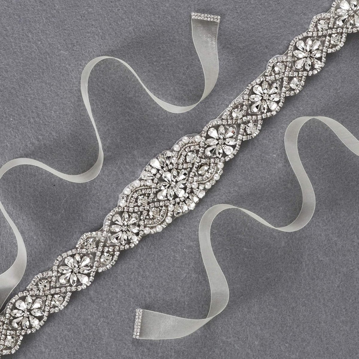 Bridal Belt Hand Rhinestone Wedding Belt Clear Crystal 55cm Long White Organza Ribbon for Wedding Dresses - Silver — image 5