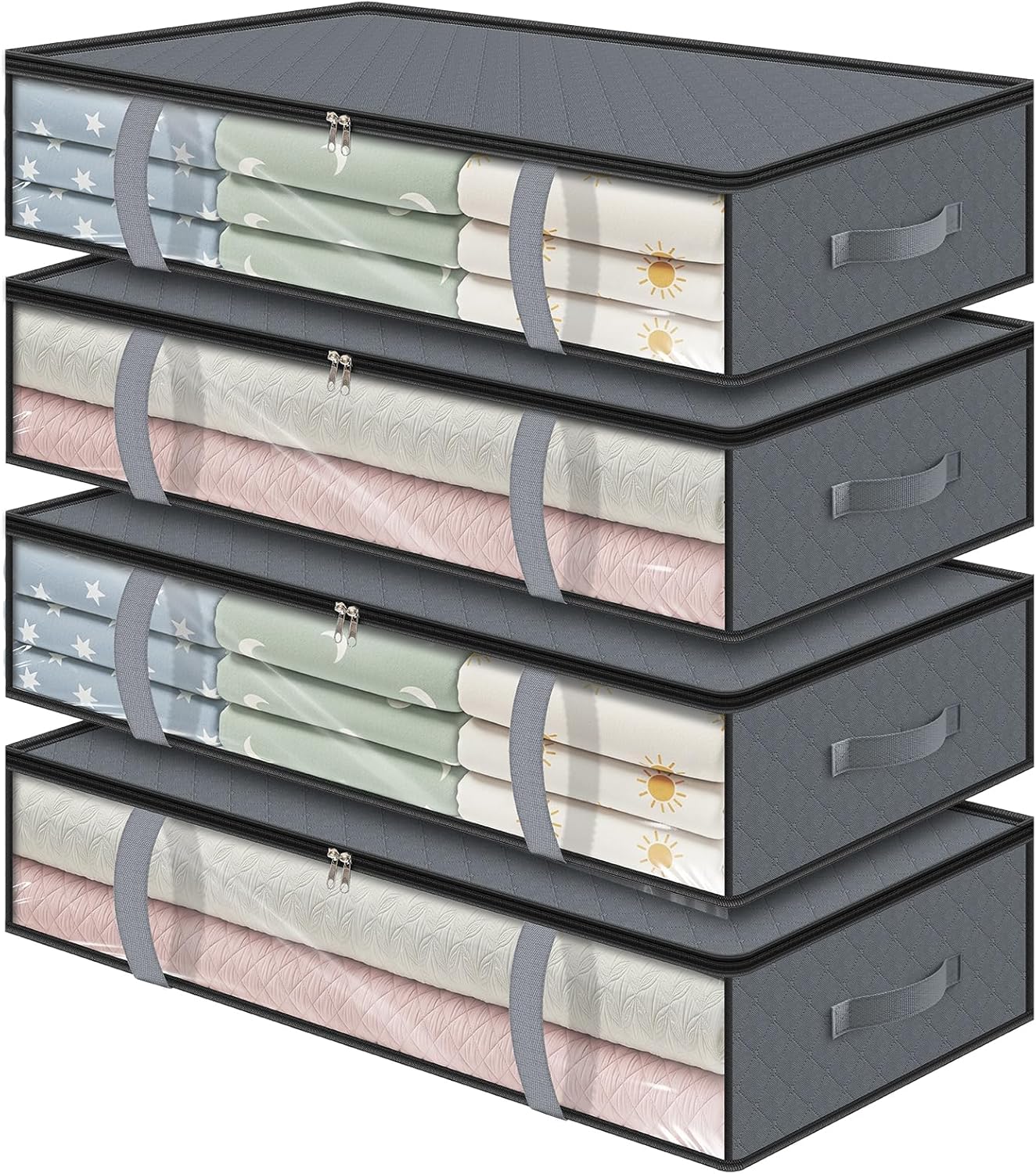 4 Pack 90L Under Bed Storage Containers - Underbed for Clothes, Blankets Closet Organizers and Bags the Bins with Handles & Clear Front