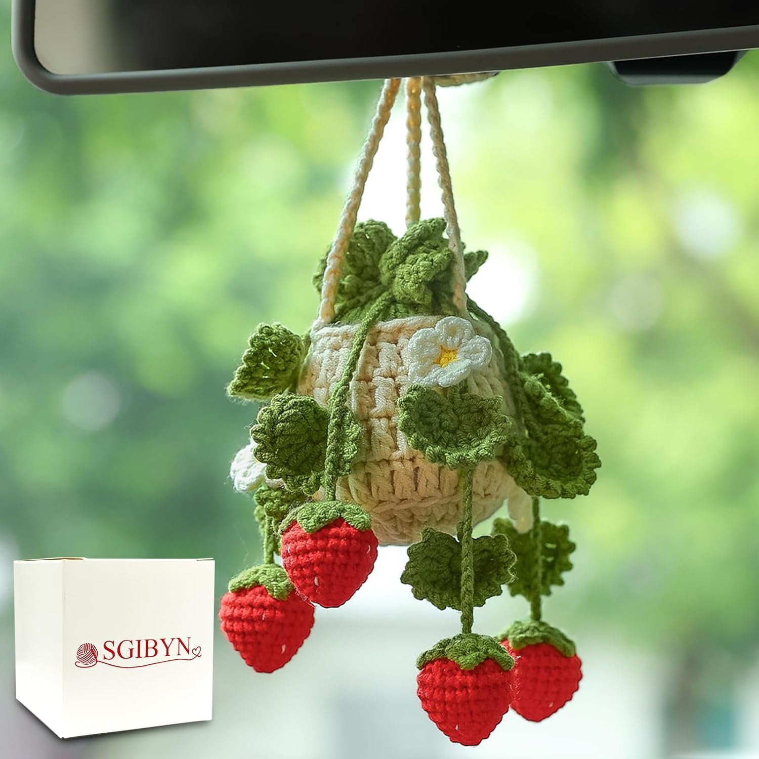 Crochet Hanging Plant for Car,Car Decorations Interior,Plant Strawberry Aesthetic Car Accessories for Women Interior Cute,Car Ornaments Charms for Rear View
