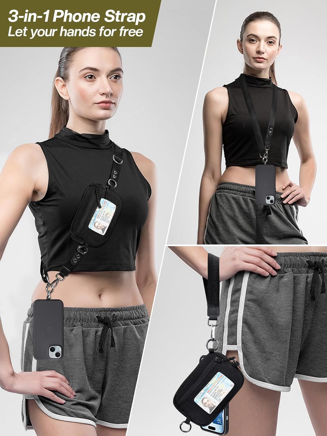 Phone Lanyard with Wallet Adjustable Detachable Black โ image 2